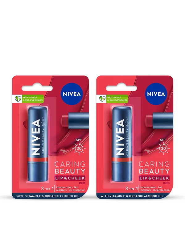 Nivea Set Of 2 Caring Beauty SPF 30 Lip & Cheek Tint With Vitamin E 4.8g Each - Red