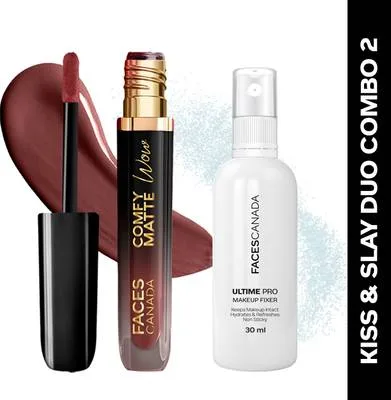 FACES CANADA Kiss & Slay Duo Combo: Makeup Fixer Mini, 30ml & Comfy Matte Wow Lipstick, 3.8ml