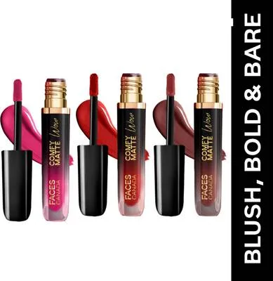 FACES CANADA BLUSH, BOLD & BARE Liquid Matte Lipstick Combo Set of 3 | Comfy Matte Wow