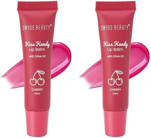 Swiss Beauty Kiss Kandy Lip Balm with Olive Oil | Moisturising | Non-Sticky | Soft & Smooth Lips | Shade - Cherry, 10ml (Pack of 2)