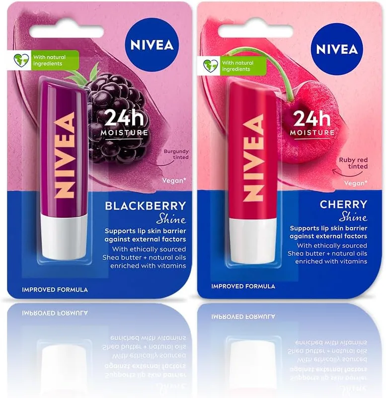 NIVEA Lip Balm, Fruity Blackberry Shine, 4.8g And NIVEA Lip Balm, Fruity Cherry Shine, 4.8g