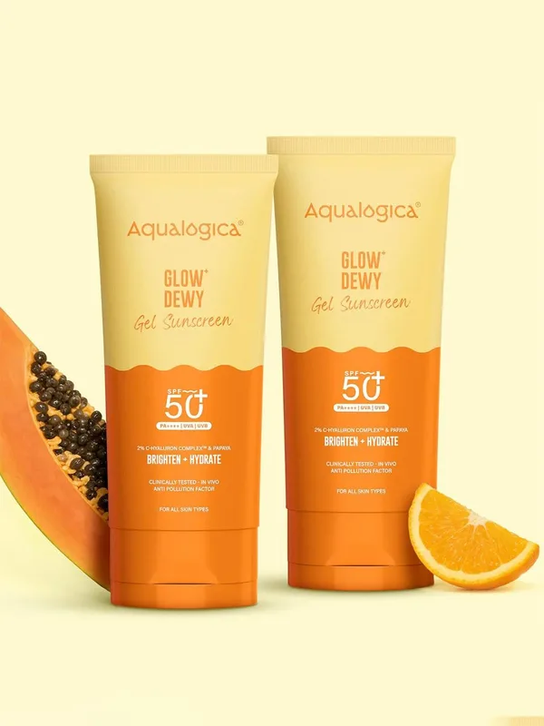 Aqualogica Set Of 2 Glow+ Dewy Papaya Vit-C Sunscreen SPF50+ PA++++ 80g Each