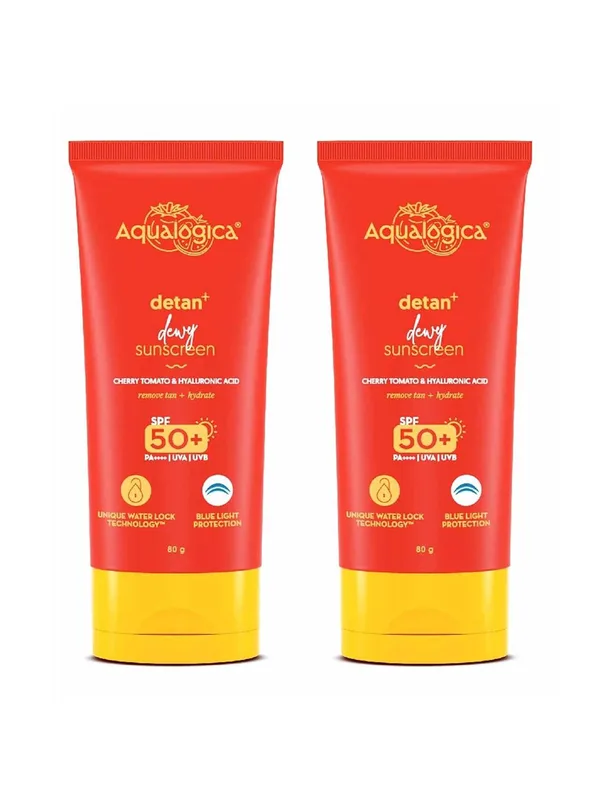 Aqualogica Set Of 2 Detan+ Dewy Cherry Tomato Enriched Sunscreen SPF50 & PA++++ 80g Each