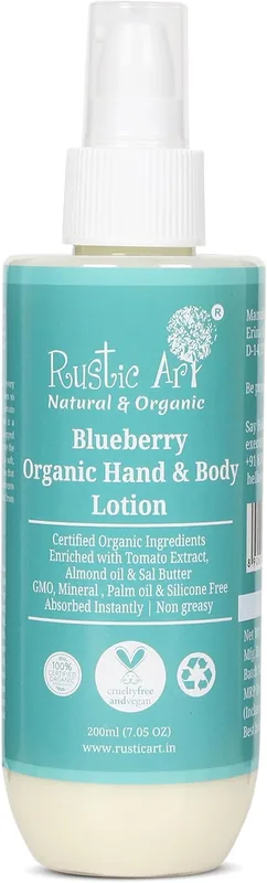 Rustic Art Blueberry Hand Body Lotion | Sal Butter Almond Oil Tomato Extract | Deep Moisturizing Daily Hydration | Natural Organic | 200ml
