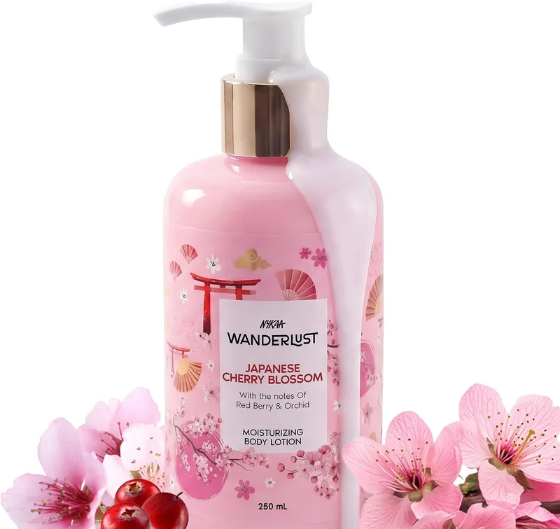 Nykaa Wanderlust Japanese Cherry Blossom Moisturising Body Lotion, 300 ml | Red berries and Sakura Perfume | Lightweight, Long-Lasting Hydration | Vegan, Paraben-Free I | Suitable for All Skin Types