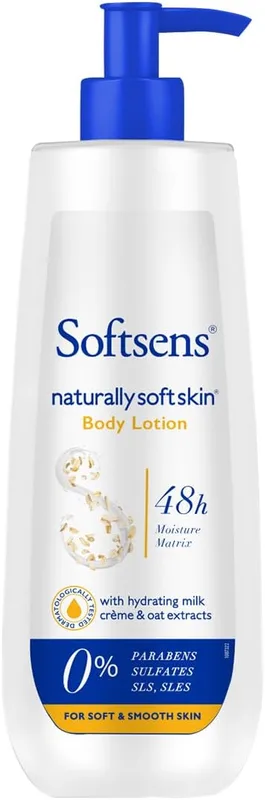 Softsens Natural Soft Skin Body Lotion 400ml | Intense Moisturizer with Natural Milk Creme, Oatmeal Exrracts & Niacinamide for Adults | Dermatologically Tested | Paraben-Free & Non-Greasy | Suitable for All Skin Types
