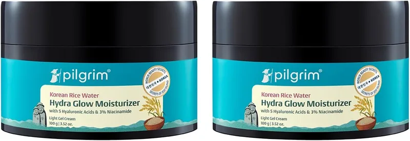 Pilgrim Korean Light Gel Oil Free Hydra Glow Moisturizer Cream 100 g| With Hyaluronic Acids, 3% Niacinamide, Rice Water for 5x Hydration & Instant Glass Skin | Hydrating Gel for All Skin Type - Pack of 2