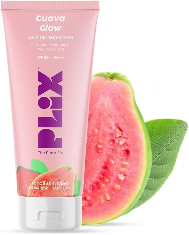 The Plant Fix Plix Spf 50+ Guava Glow Invisible Sunscreen For All Skin Type With Pa +++|For Uv A,Uv B&Blue Light Protection With Ceramides,Vitamin C&Hyaluronic Acid|No White Cast,Cruelty-Free|50 G