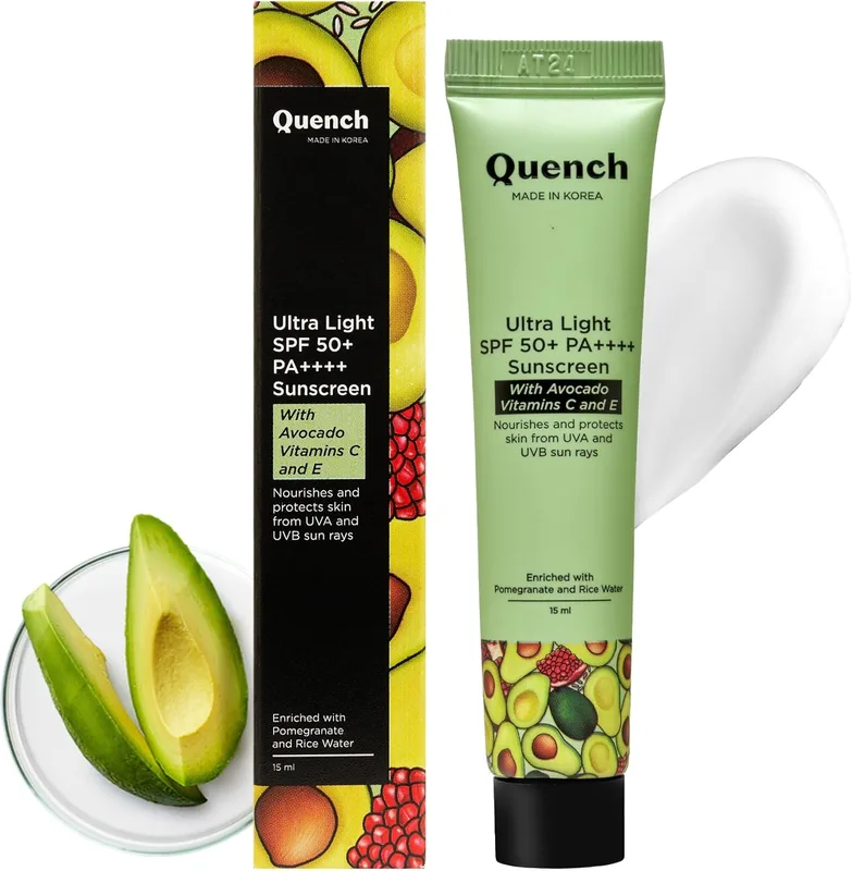 QUENCH BOTANICS Vitamin E Ultra Light SPF 50+ PA++++All Skin Sunscreen for Glowing Skin | Non-Greasy and Non-Sticky | No White Cast | UVA & UVB Protection | Made in Korea | For Unisex (MINI - 15ml)