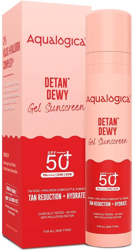 Aqualogica Detan+ Dewy Gel Sunscreen SPF 50+ PA++++ with 2% Kojic-Hyaluron Complex™ & Wild Berries - 50 g | SPF 50+ PA++++ | In-Vivo Tested | New-age Filters | Anti-Pollution Factor | For Luminous & Hydrated Skin | Fragrance-Free & No White Cast | 2% Kojic-Hyaluron Complex™ & Wild Berries | Broad Spectrum UVA/B & Blue Light Protection | Lightweight | For Men & Women
