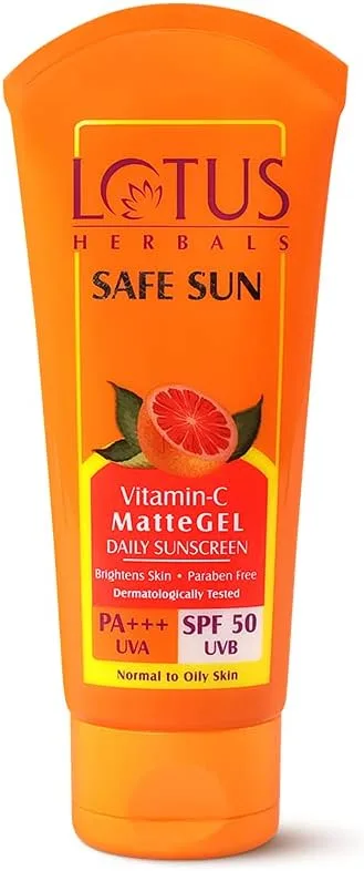 Lotus Herbals Safe Sun Vitamin C Matte Gel Daily Sunscreen SPF 50 PA+++ Paraben Free Dermatologically Tested Anti Pollution Suitable for Normal to Oily Skin for Women and Men 75g