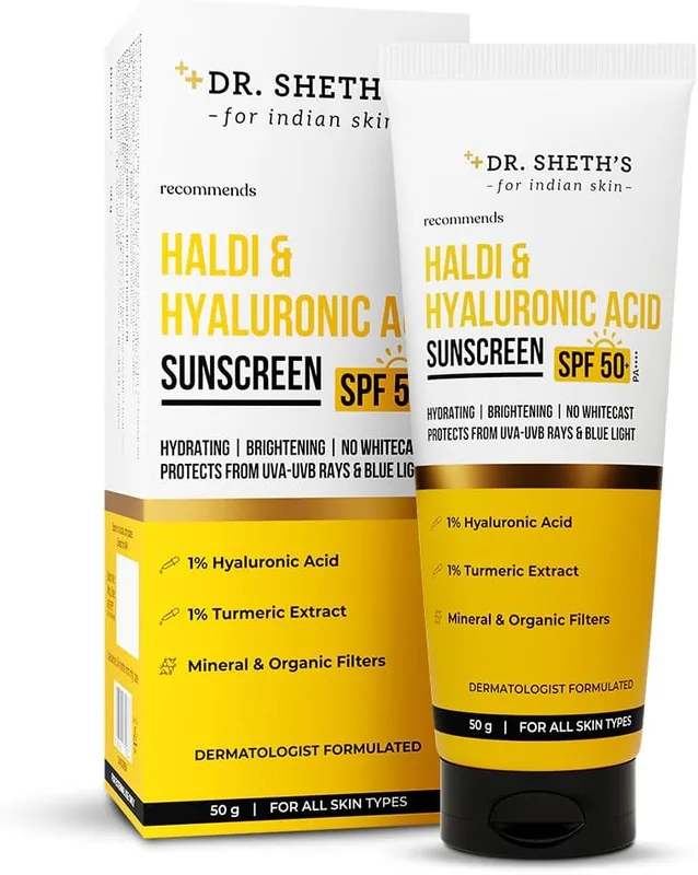 Dr. Sheth's Haldi & Hyaluronic Acid Sunscreen with 1% Hyaluronic Acid | Spf 50+ Pa+++ | Protects Against UVA/B & Blue Light | Hydrating & Brightening | For Men & Women | For All Skin Type | 50 g