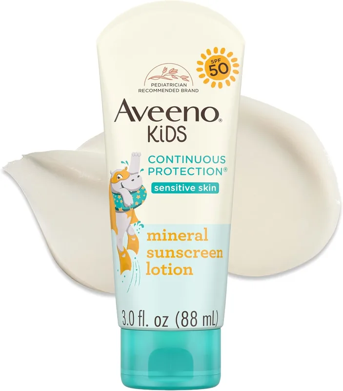 Aveeno Kids Continuous Protection Zinc Oxide Mineral Sunscreen Lotion for Children's Sensitive Skin with Broad Spectrum SPF 50, Tear-Free, Sweat- & Water-Resistant, Non-Greasy, 3 fl. oz