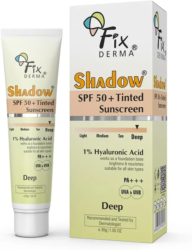 Fixderma Shadow Tinted Sunscreen Deep SPF 50 PA+++ | 1% Hyaluronic Acid & Vitamin E | Brightens & Nourishes the Skin | UVA & UVB Protection | Lightweight | No White Cast | For All Skin Types - 30gm