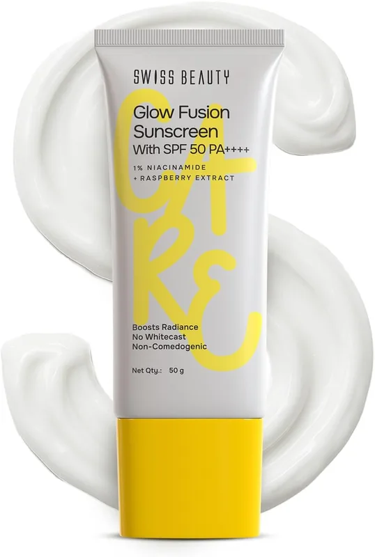 Swiss Beauty Care Glow Fusion Sunscreen SPF50 PA++++ | 1% Niacinamide & Raspberry Extract | Boosts Radiance | Fights Premature Signs Of Aging | 50gm