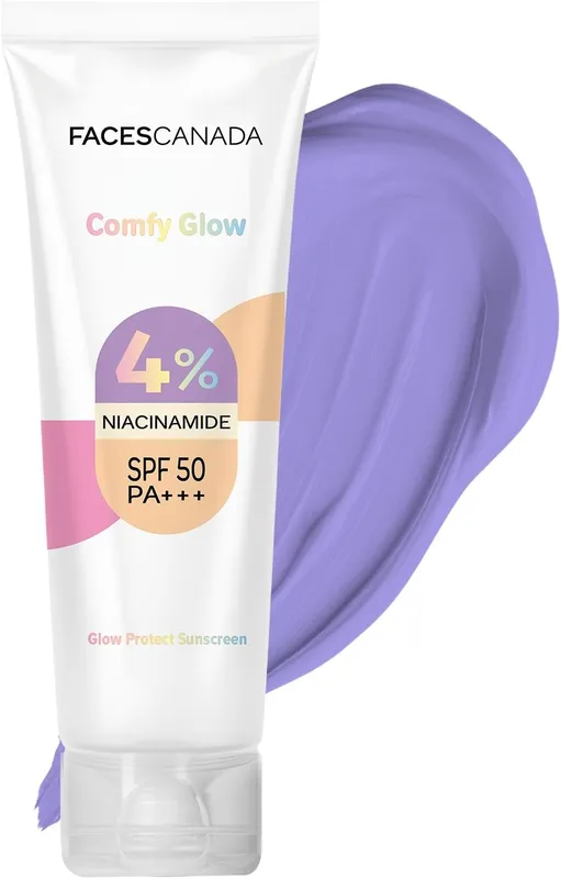 FACES CANADA Comfy Glow Sunscreen with 10% Niacinamide - 30ml | SPF50 PA+++ | UVA & UVB Protection | Feather Light Texture | Lightweight & Non Greasy | Brightens Skin | Hydrates Skin | Prevents Sunburns, Tanning & Premature Aging