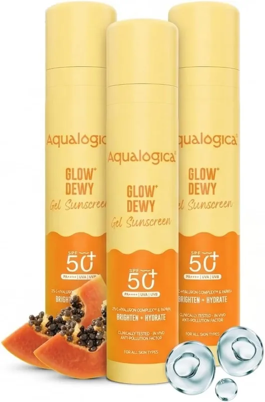 Aqualogica Glow+ Dewy Gel Sunscreen - 50 g x 3 | SPF 50+ PA++++ | In-Vivo Tested | New-age Filters | 12-Hour* Sun Protection | Tan Protection | For Bright & Hydrated Skin | Fragrance-Free & No White Cast | C-Hyaluron Complex™ & Papaya | Broad Spectrum UVA/B & Blue Light Protection | Lightweight | For Men & Women