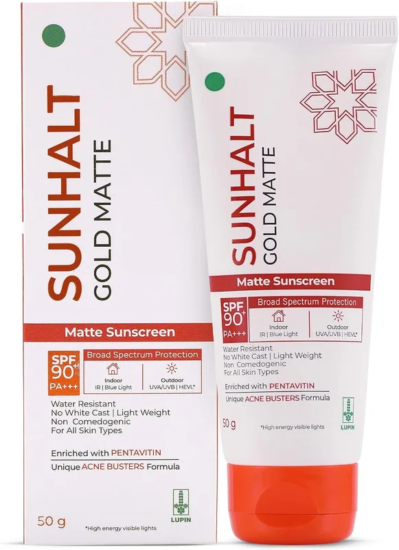 GOLD MATTE Sunscreen SPF 90+ PA+++ for UV/HEVL/IR/Blue Light Broad Spectrum Protection, With Acne Busters, Combats Acne and Oil, Matte Finish, Dermatologically Tested, For All Skin Types, 50g