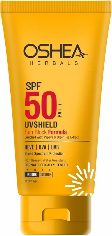 Oshea Herbals UVShield SPF 50 PA+++ Sunscreen for Men & Women | Water Resistant with UVA & UVB Protection | Enriched with Papaya & Green Tea Extract | For All Skin Types - 60 g