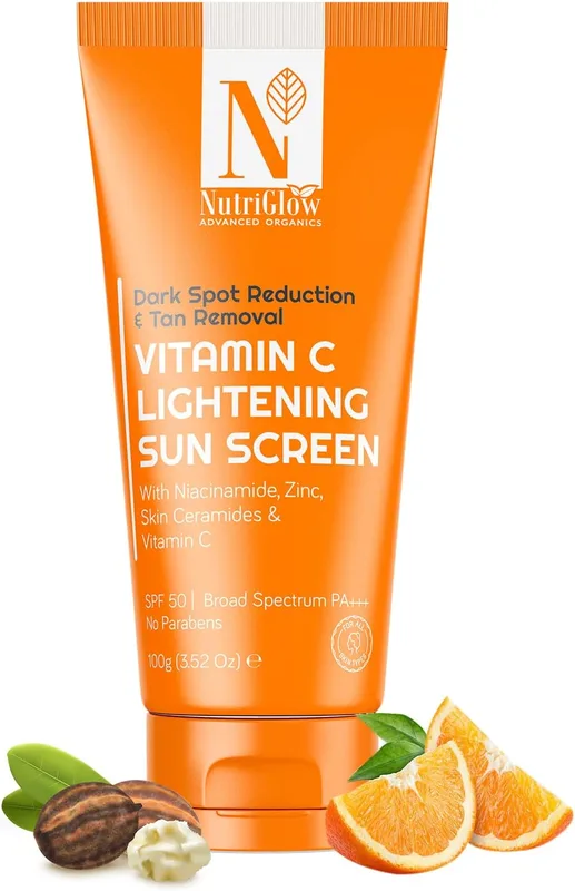 NutriGlow Advanced Organics Sunscreen SPF50 PA+++ Vitamin C Lightening Sunscreen for Oily Skin, Dark Spot Reduction And Tan Removal No White Cast, All Skin Types