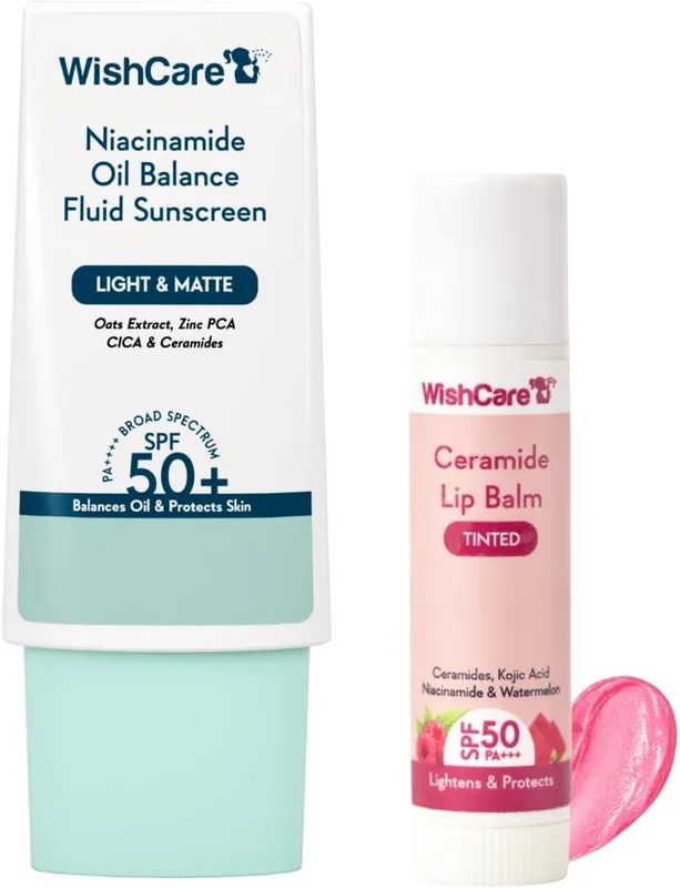 WishCare SPF 50 Radiant Glow Duo | Niacinamide Face Sunscreen + Tinted Lip Balm | Broad Spectrum UVA & UVB Protection, Lightweight, Non-Sticky, No White Cast | For Daily Use