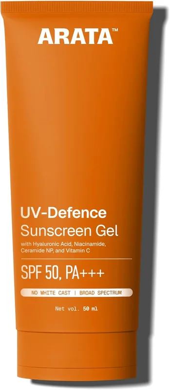 Arata Sunscreen Gel | SPF 50, PA+++ | Broad Spectrum UV Protection | Ultra-Light & Dewy Finish | No White Cast | Even & Glowing Skin | Niacinamide & Ceramide | Derma-Tested | For Men & Women | 50ML