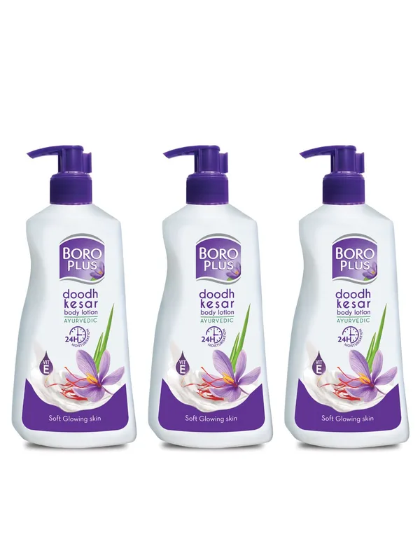 BOROPLUS Set of 3 Ayurvedic Doodh Kesar Body Lotion with Vitamin E - 600 ml Each