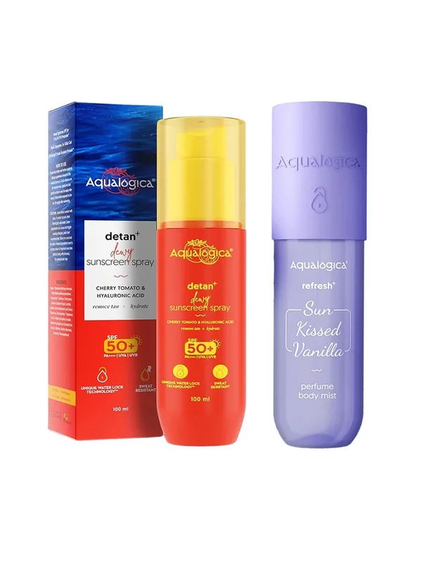 Aqualogica Set of Detan+ SPF 50+ Dewy Sunscreen Spray 100ml & Refresh+ Body Mist 150ml