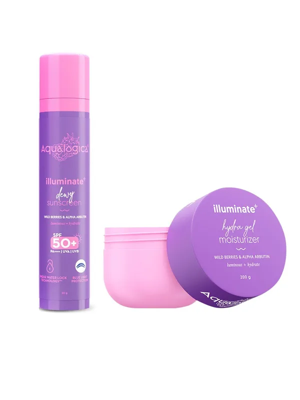 Aqualogica Set of Illuminate+ Dewy SPF50 Sunscreen - 50 g & Hydra Gel Moisturizer - 200 g
