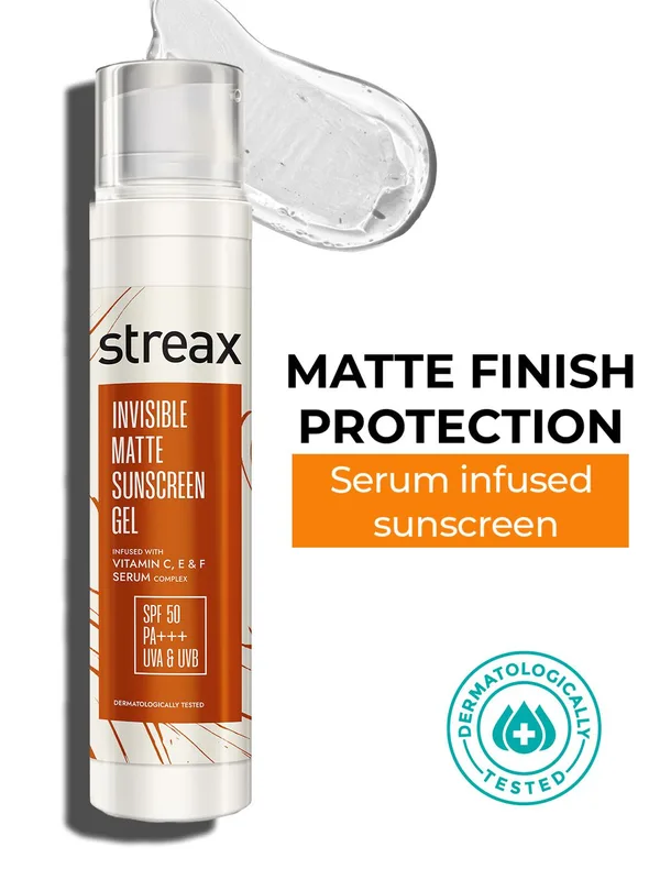 Streax Water Resistant SPF50 PA+++ Invisible Matte Sunscreen Gel with Vitamin C & E - 50 g