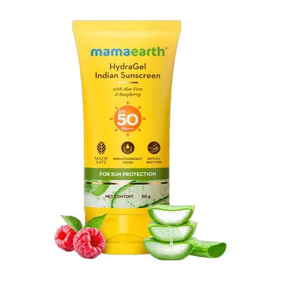 Mamaearth Sunscreen - SPF 50 PA++++ HydraGel Indian Sunscreen for Sun Protection With Aloe Vera & Raspberry