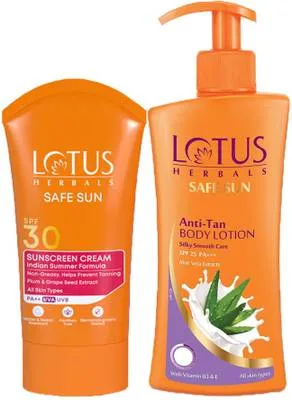 LOTUS HERBALS Sunscreen - SPF 50 Safesun Sunscreen Cream SPF30_100G & Anti-Tan Body Lotion 250ml