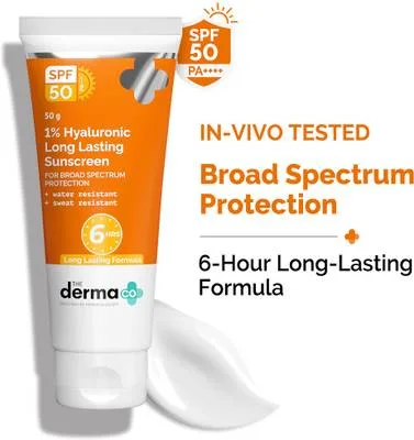 The Derma Co Sunscreen - SPF 50 PA++++ 1% Hyaluronic Long Lasting Sunscreen with Hyaluronic Acid & Vitamin E