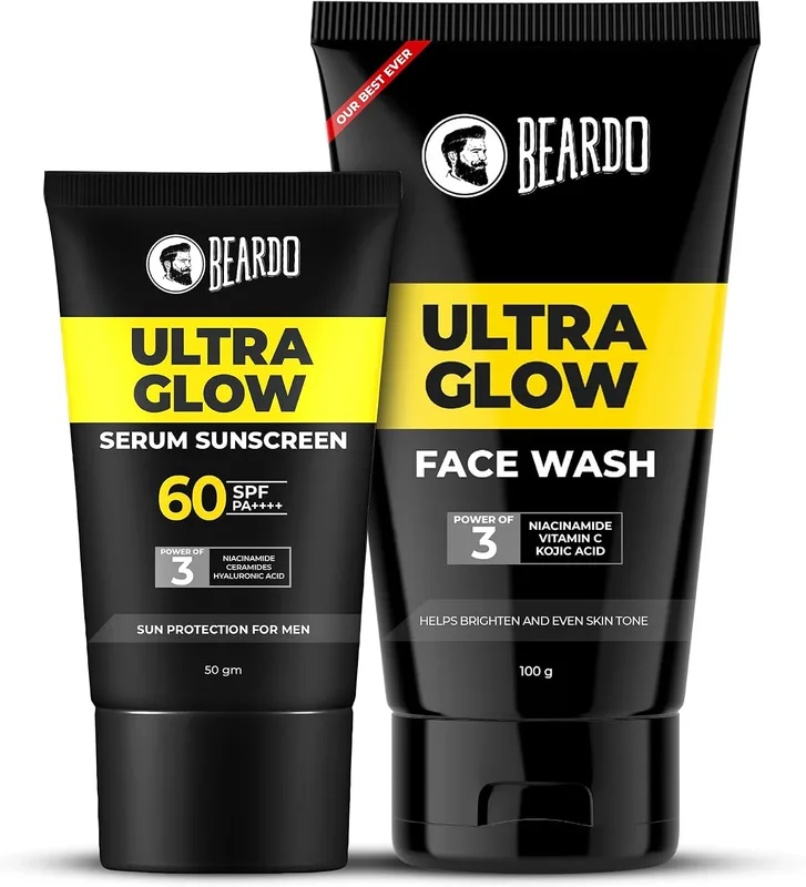 Beardo Glow Mode on Kit | Ultra Glow Serum Sunscreen & Facewash | Hydrated and Refreshing | Brightening and Glowing Skin |Deep Cleansing & Nourishment | Suitable for All Skin Types - Set of 2