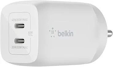 Belkin 65W (45W+20W) USB -C GaN Charger | Fast Charging PD | Gan Technology for Samsung Galaxy S25, Apple iPhone 17, Air, Pro, Pro Max, iPad, MacBook & More | 2 Years Warranty | White