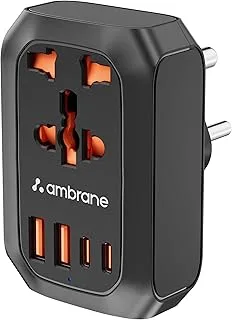 Ambrane 5-in-1 MultiPort Adapter with Universal AC Socket, 2 x Type C, 2 x USB, 2500W AC Output, 20W USB & PD Output, Ideal for Tight Spaces/Bedside & Travels, Child Safety Shutter (Charge X20, Black)
