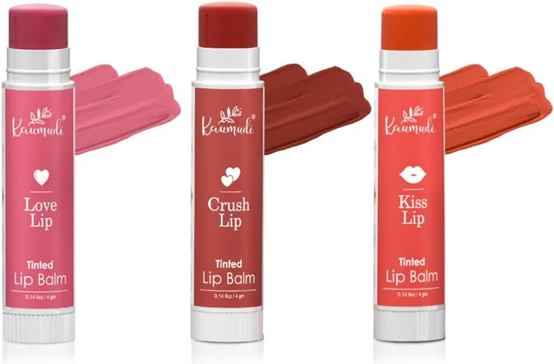 Kaumudi Handmade & 100% Natural 3in1 Lip Balm Combo (Lip Tint|Cheek Tint|Eye Shadow) made with Rose & Saffron Ess. oil | Best for Dry, Damaged & Chapped Lips | Hydrates & Moisturizes (Love - Crush - Kiss)