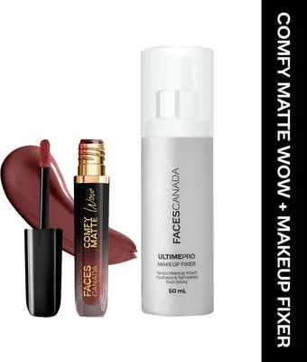 FACES CANADA Comfy Matte Wow Liquid Lipstick (3.8ml) & Ultime Pro Makeup Fixer (50ml) Combo
