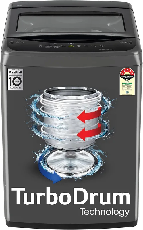 LG 8 Kg 5 Star Smart Inverter Technology Fully Automatic Top Load Washing Machine (T80VBMB4Z, Turbodrum, Auto Prewash, Stainless Steel drum, LED Display, Smart Diagnosis, Middle Black)
