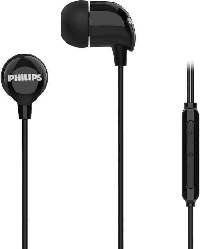 PHILIPS Audio TAE1159BK/00 in-Ear Wired Earphones with C-Type Jack, 10mm Drivers, Inline Mic, Powerful Bass and Clear Sound, Tangle Free 1.2m Cable and 3 x Inter Changeable Ear Tips (Black)