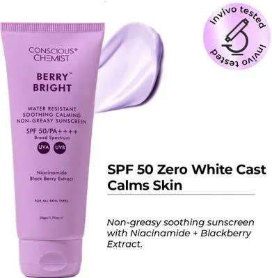 Conscious Chemist Sunscreen - SPF 50 PA++++ Niacinamide Sunscreen SPF 50 PA++++ | Blueberry, Water-Resistant, No White Cast