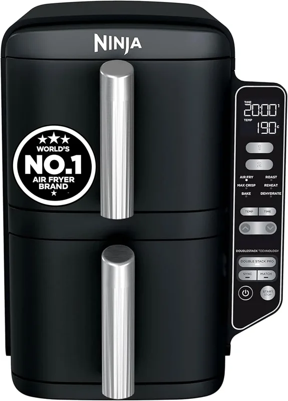 Ninja Double Stack Dual Zone Digital Air Fryer SL300IN | 2470W| Cook 4 Foods at Once |7.6L Family Size Vertical Design | 6 Cooking Functions | Oil-Free Fryer | Black