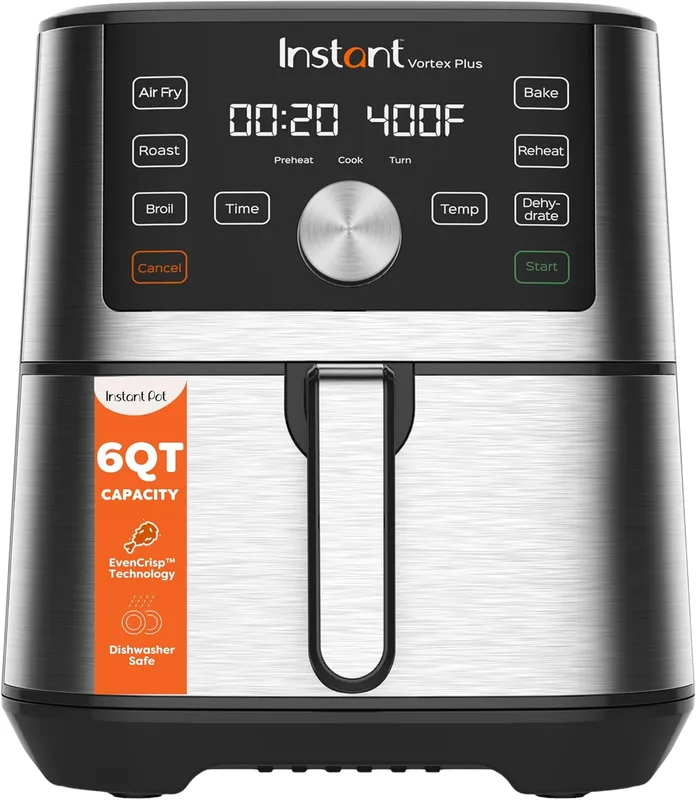 Instant Vortex Plus 6L Air Fryer, 6-in-1 with 360° EvenCrisp Technology, Touch Control Panel, Uses 95% Less Oil, Air Fry, Roast, Grill, Bake, Reheat & Dehydrate, 1500W, PFOA-Free & BPA-Free, 230V