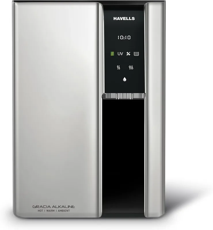 Havells Gracia Alkaline Water Purifier | RO+UV+Alkaline | Free Unlimited Service Visits for 1 Yr | Hot, Warm & Ambient Water | 10 Stage Purifier | 7.6 L SS Tank | For Borewell, Tanker, Municipal Water