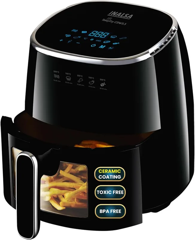 INALSA Non-Toxic Ceramic Coated Air fryer 5.5 L & 1600 W Power|No PTFE, PFAS, PFOA & Microplastics|Visible Window|Digital Touch Panel,8 Presets|Low Oil Healthy Cooking, Tasty Fry CDW 5.5