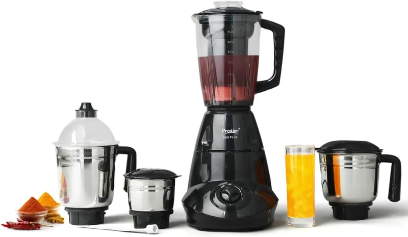 Prestige Iris 750 Watt Mixer Grinder with 4 Jars (3 Stainless Steel + 1 Juicer) | Super Efficient SS Blades | Black | 2Y Warranty | ISI Certified