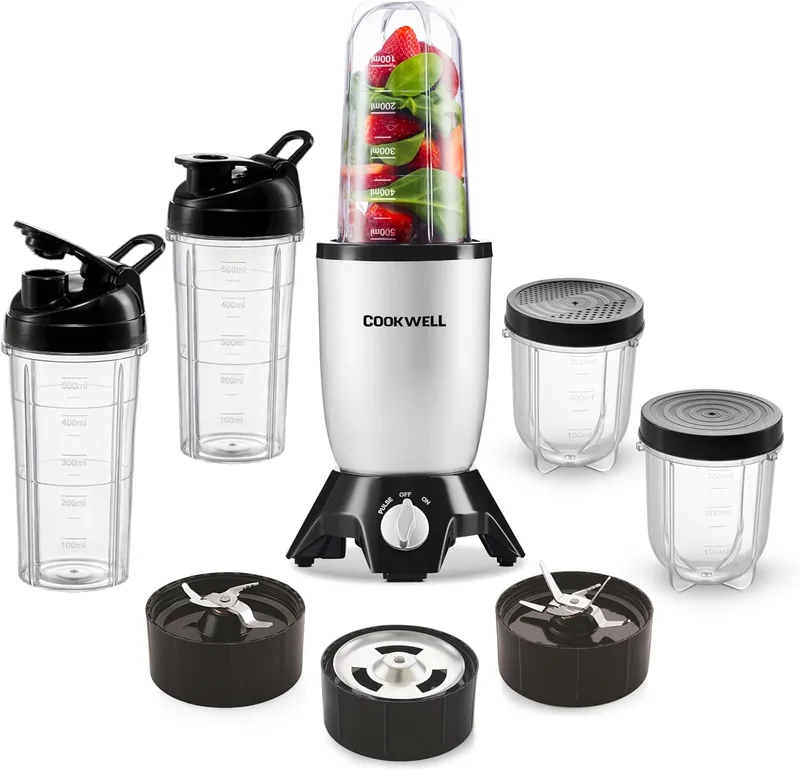 Cookwell Bullet Mixer Grinder (5 Jars, 3 Blades, Silver) - Copper, 600 Watts - 2 Year Warranty