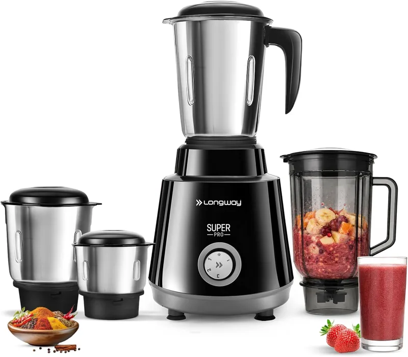 Longway Super Pro Juicer Mixer Grinder | Up to 750W Max Output Powerful Motor | 4 Jars for Grinding, Mixing, Juicing | 2 Years Warranty (Black & Gray)