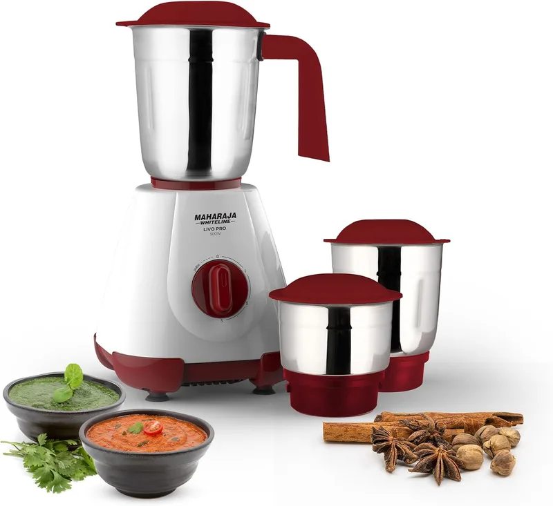 Maharaja Whiteline 500W Livo Pro Mixer Grinder with 3 Stainless Steel Jars with lid and 20,000 RPM Motor Speed (White & Cherry Red)