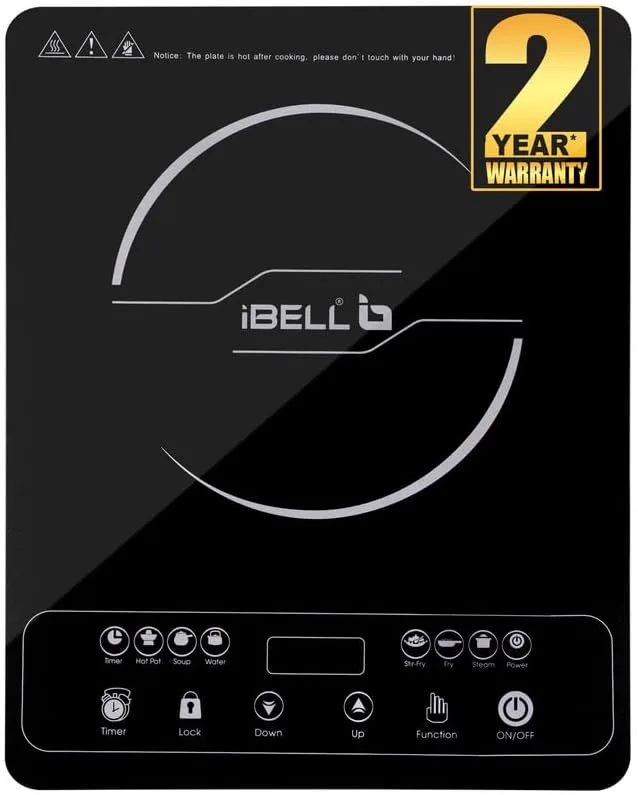iBELL 20YO Induction Cooktop 2000W, Electric Induction Cooker with Full Touch Panel, Double/Single Coil Technology, Fast Heating, Auto Shut-Off, Overheat Protection, Crystal Glass Top, 2-Year Warranty